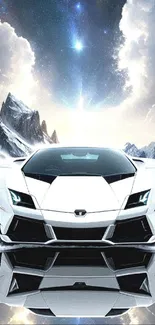 Sleek white sports car reflected in snowy mountain landscape.