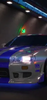 A sports car speeds through a neon-lit tunnel at night.