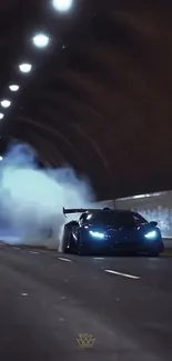 Sports car racing through a tunnel at night with smoke trailing behind.