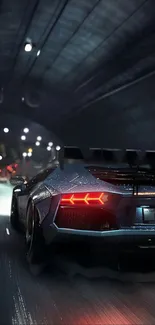 Sleek sports car racing inside a dimly lit tunnel at night.