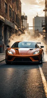 Orange sports car in smoky urban alley at dawn.