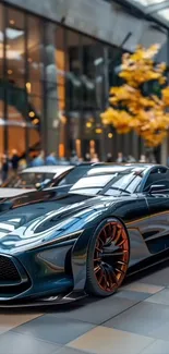 Sleek sports car with urban fall backdrop.