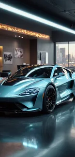 Sleek blue sports car in a modern garage.