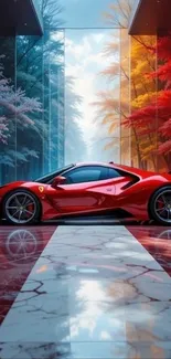 A sleek red sports car parked in a vibrant, colorful forest setting.