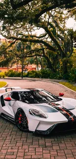 White supercar parked on a scenic tree-lined road with vibrant greenery.