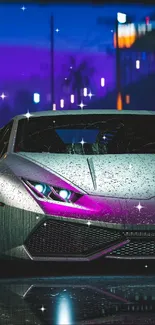 Sleek sports car with neon lights at night.