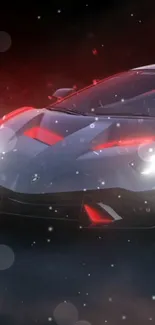 Sleek sports car with red lights at night.