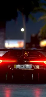 Sports car on city street at night, glowing taillights.