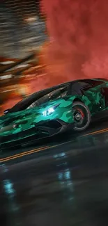 Green sports car speeding through city nightscape.