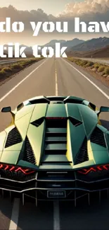 Green sports car driving on a scenic road at sunset with text overlay.