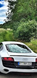 White sports car on a scenic, tree-lined road.