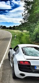 Sleek sports car on a scenic winding road with lush greenery and blue sky.