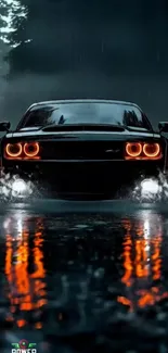 A sleek sports car driving on a wet road at night with reflections.