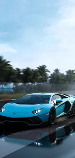 Blue sports car speeding on wet road with palm trees.