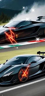 Sleek sports cars racing on a mountain track with vibrant colors.