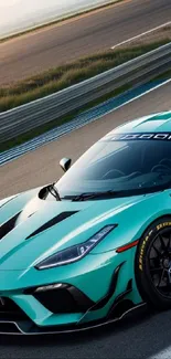 Teal sports car racing on a track at sunset, showcasing sleek design.