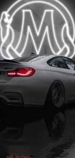 Sports car with neon lights reflected on wet street.