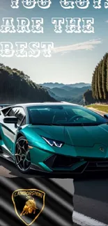 Green Lamborghini driving on scenic mountain road with Lamborghini logo.