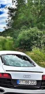 White sports car by the roadside with lush green trees and blue skies.