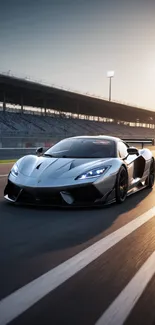 Sleek sports car on racetrack at sunrise, showcasing speed and elegance.