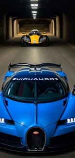 Blue sports car in a dimly lit tunnel with a yellow car in the background.