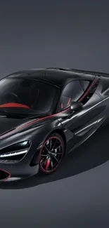 Sleek black sports car on a dark gray background with red accents.