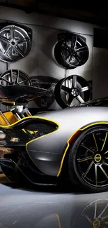 Sleek sports car with yellow accents in a stylish wallpaper design.