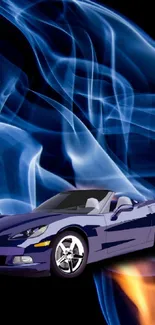 Elegant sports car amidst blue smoke on black background.