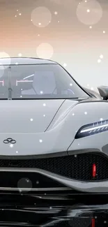 Sleek silver sports car with futuristic design and glowing effects.