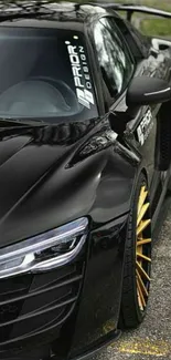 Sleek black sports car with golden rims parked on a street.