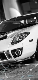 Dynamic black and white sports car wallpaper design.