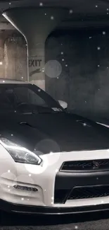 White sports car in an urban underground setting, shining under light.