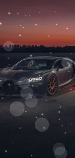 Sleek sports car at dusk with glowing headlights.