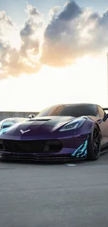 Purple sports car on rooftop with a dramatic sky backdrop.