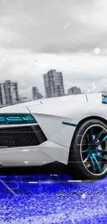 Sleek white sports car with blue accents in a cityscape.