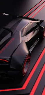 Futuristic black sports car with red accents in sleek wallpaper design.