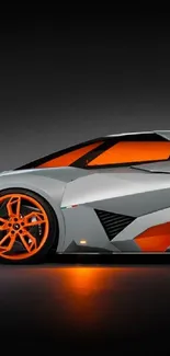 Futuristic sports car with orange rims and accents on a gray background.