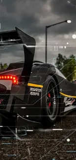 Sleek black sports car on a road with red accents at sunset.