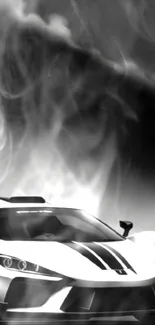 Black and white sports car with smoke effect in mobile wallpaper.