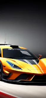 Orange sports car racing on track with sleek design.