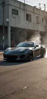 Sleek sports car emitting smoke in an urban street setting.