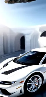 White sports car with modern architecture in background.