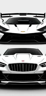 Front view of two sleek, white sports cars with aggressive designs.