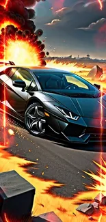 Black sports car speeding with fiery explosion backdrop.
