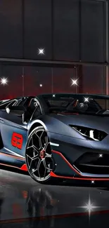 Sleek sports car with a dark gray finish and stars as a background.