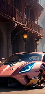 Sleek sports car on city street with dusky pink tones.