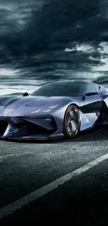 Dark blue sports car under a cloudy sky on an open road.