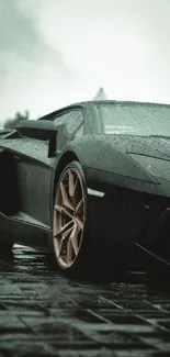 Luxurious black sports car with gold rims on a rainy day, perfect for backgrounds.