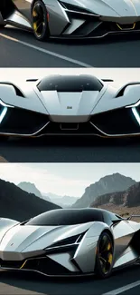 Futuristic sports car on mountain road backdrop.