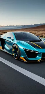 Futuristic turquoise sports car on open road